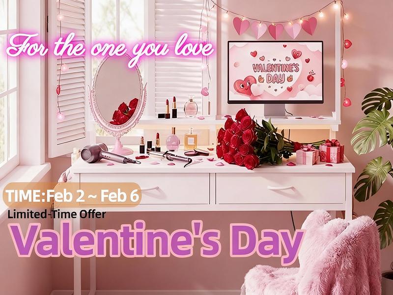 【Vanity & Computer Desk】31.5'' Gaming Desk with LED Lights in Dorm & Tiny home,Computer desk with 2 Storage Drawers,Home Office Desk with Side Pocket & Ergonomic Monitor Stand,Writing Table with Anti-Tip Design, Nice gift for Women and Teens