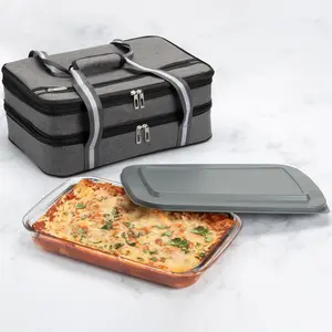 Insulated Expandable Casserole Carrier with Baking Dish and Lid - Lasagna Holder for Picnic Potluck Beach Day Trip Camping Hiking - Hot and Cold Thermal Bag in Gray
