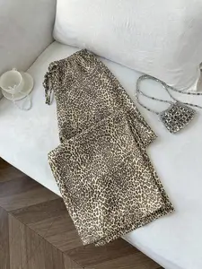 1 Piece Women's Leopard Print Wide Leg Trousers, High Waist Drawstring, Loose Fit Casual Style for Summer Pants