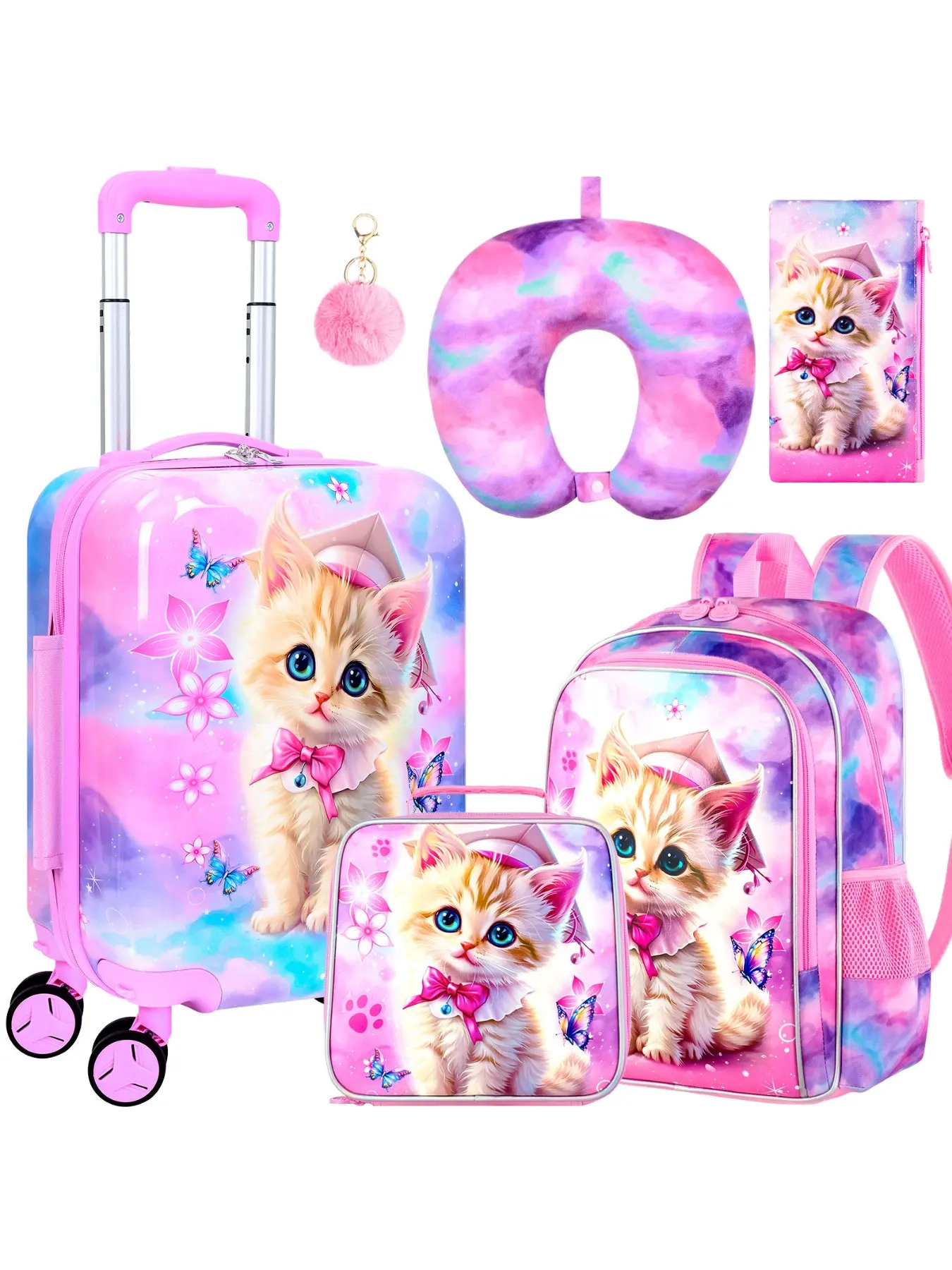 5 Piece Kids Luggage Set for Girls, Cute Rolling Wheels Suitcase for Toddler, Children Travel Carry on Suitcase -Cat, Backpack for School, Floral Round Backpack
