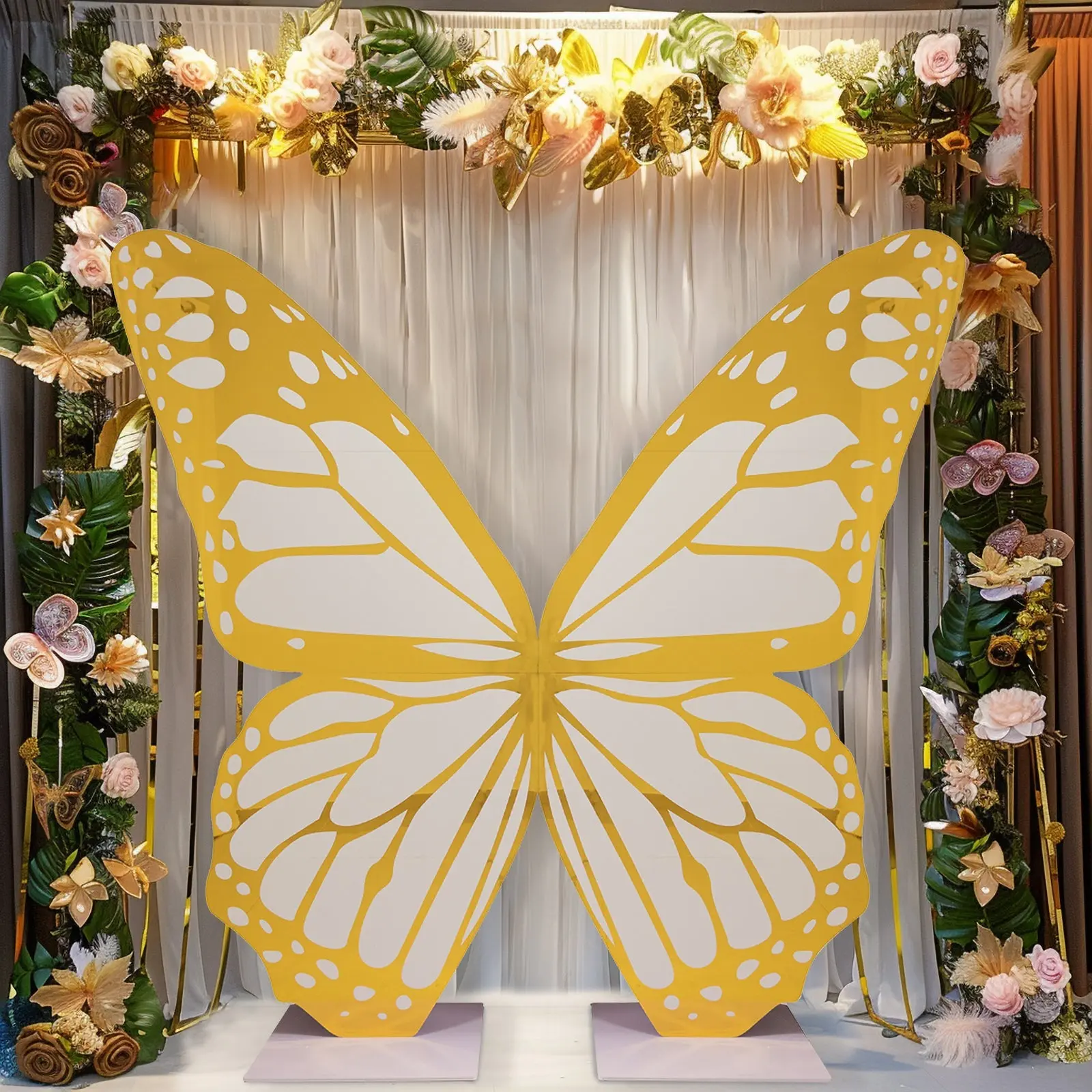 6.5ft White Gold Giant Monarch Butterfly Photo Backdrop Stand - Free-Standing Foamboard Wings Party Prop Decoration for Birthday Party Setup, Creative Gatherings, Party Ideas