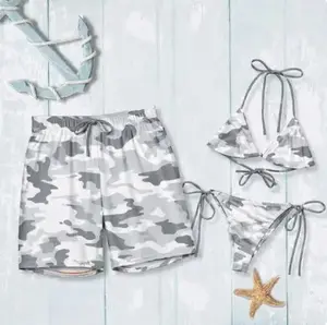 Camo Matching Couple Swimwear Set - Gray Camouflage Triangle Bikini & Men's Swim Trunks Summer Beach Outfit Vintage Animal Print