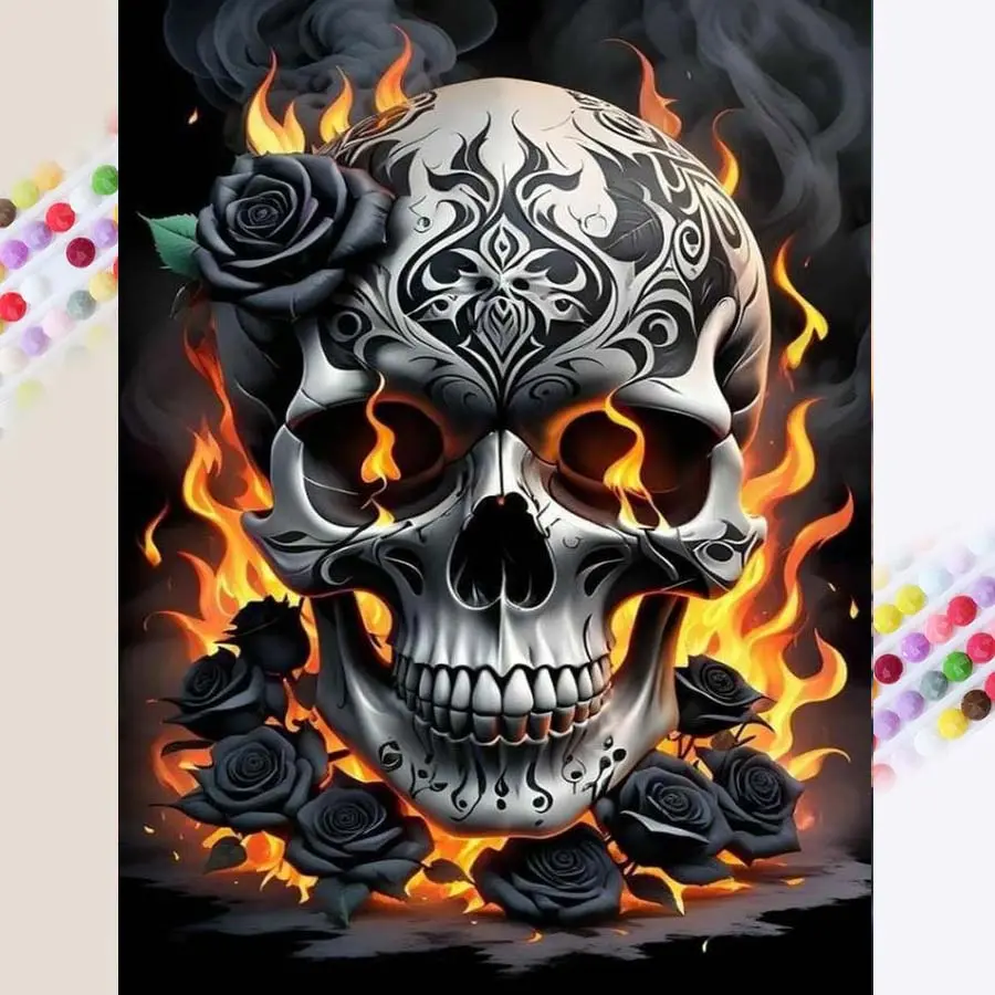 1 set of DIY diamond painting kit, 5D diamond art set, DIY decoration skull, flame, rose. Mosaic, diamond art, DIY art home decoration, Handicraft