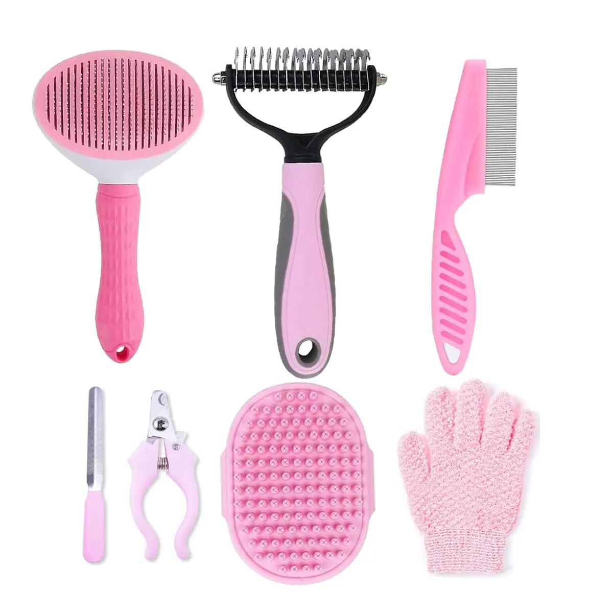 7PCS Dog Grooming Kit – Self-Cleaning Shedding Brush with Nail Clipper, Flea Comb & Bath Brush, Professional Pet Grooming Supplies for Dogs & Cats