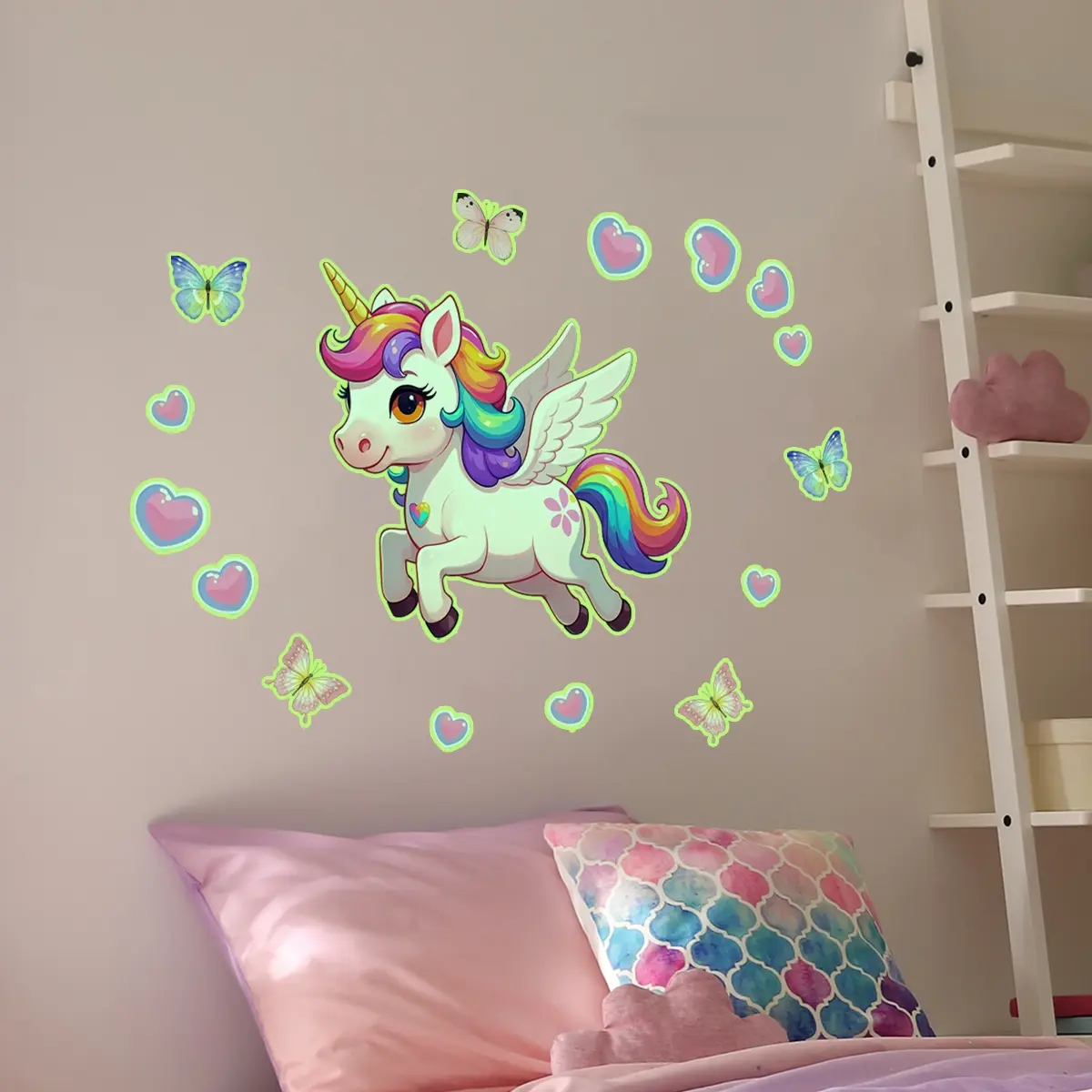 Glow-In-The-Dark Luminous Unicorn Butterfly Heart Wall Sticker, 30x40cm Decorative Decal for Living Room Bedroom Home Background Decoration
