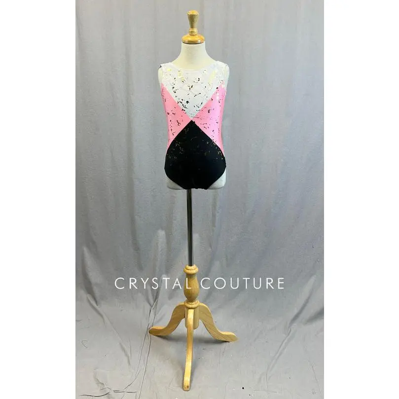 Pink, Black & White Quadrant Leotard with Gold Flecks