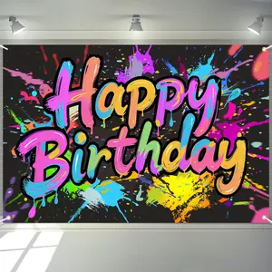 1pc， Neon birthday party decoration, neon happy birthday banner background logo, night light party photography background, room decoration, home decoration, holiday party supplies