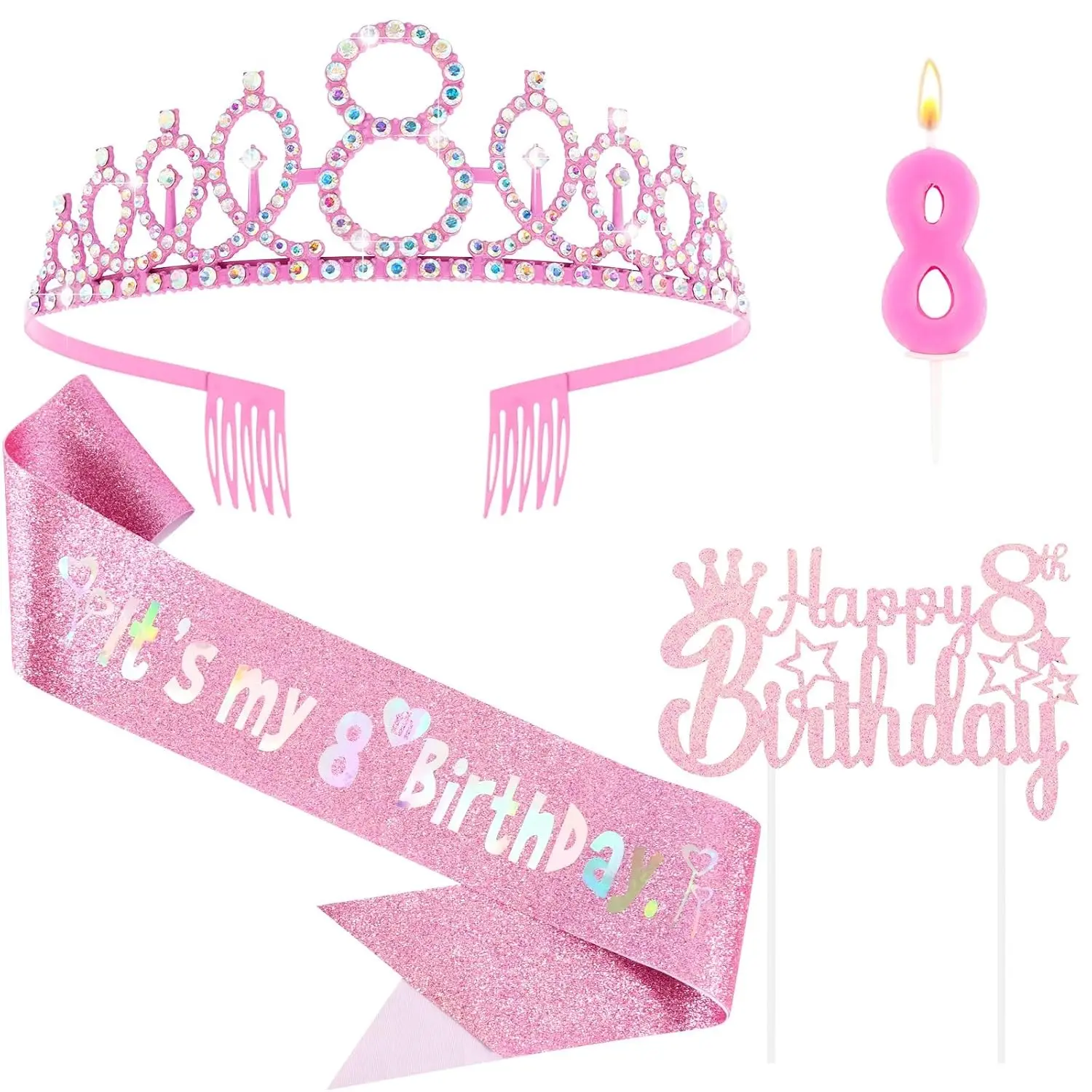 8th Birthday Party Decorations Set for Girls- Pink Crown, Glitter Sash, Number 8 Candle & Cake Topper Kit for Birthday Celebrations Party Supplies Gift