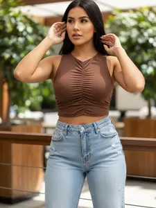Endless Blu Trendy Ruched Stretchy Soft Crop Top