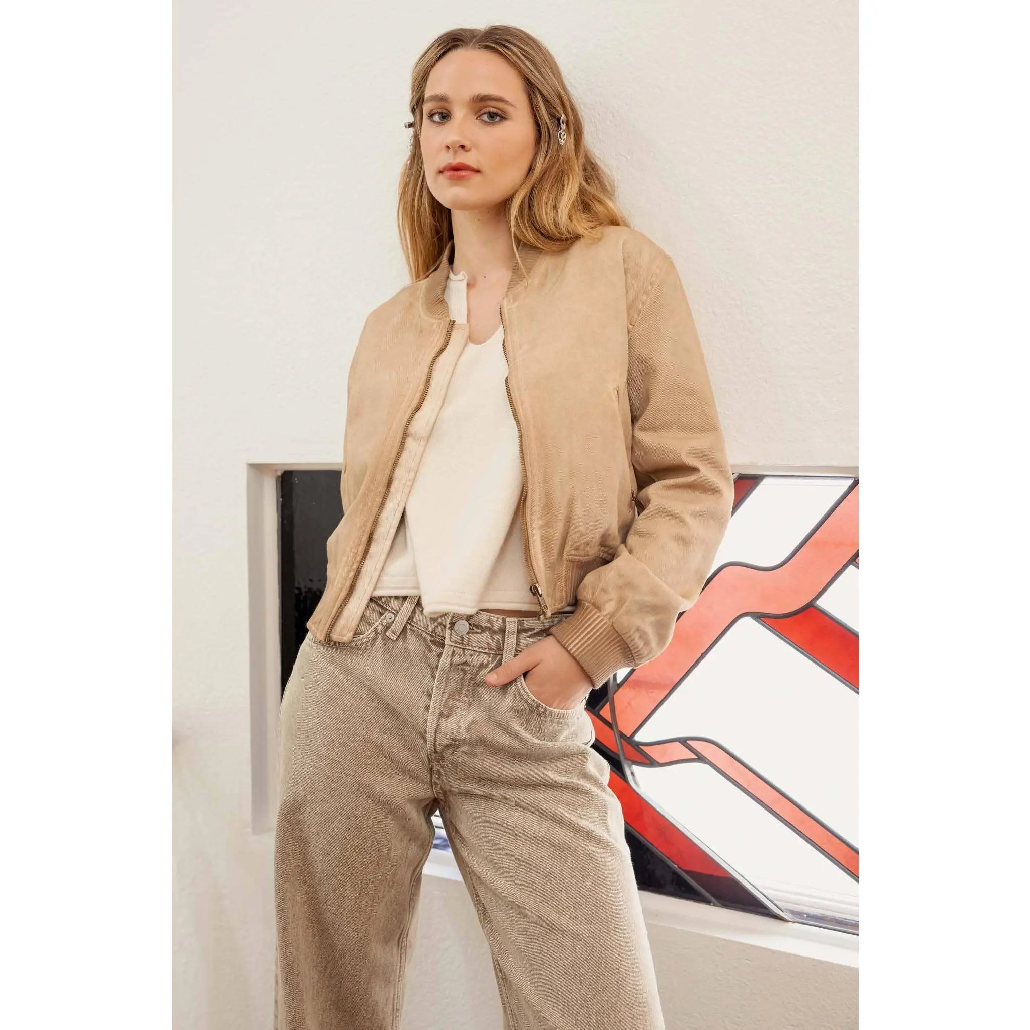 WASHED DEMIN ZIP UP BOMBER JACKET