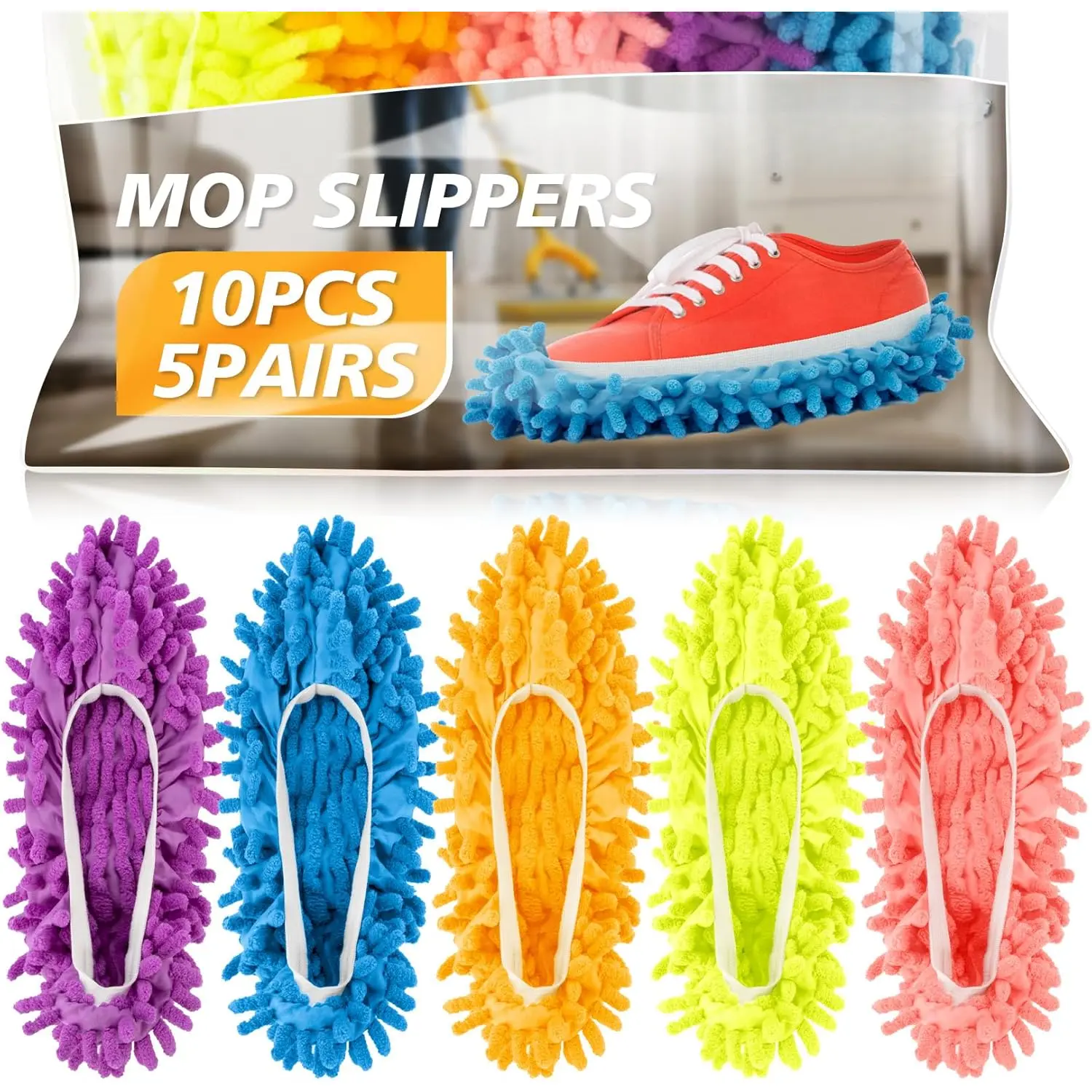 Dusting Mop Slippers, 5 Pairs Colorful Chenille Microfiber Shoe Covers, Washable & Reusable for Cleaning Floors, Fits Women up to Size 8, Default
