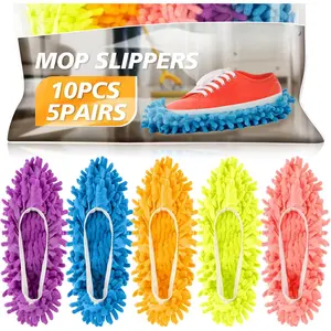 Floor Cleaning Mop Slippers, 5-Pair Pack, Lightweight Colorful Chenille Fiber Default Slippers with Elastic Cord, Women's Size 8 Washable Dusting Shoes with Microfiber Cloth for Home Floor Maintenance