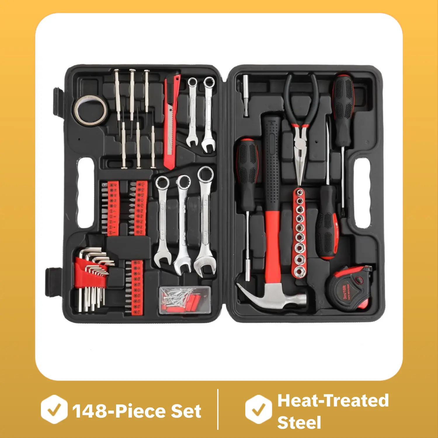 148-Piece Iron Household Hand Tool Set, All-In-1 Hardware Tools Kit for Home Repairs, Red, Installation Tool Set
