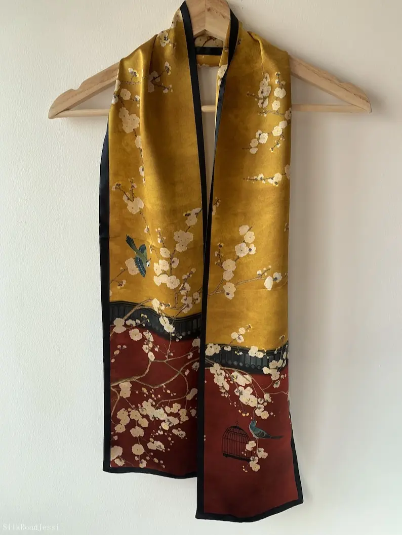 Mulberry Silk Narrow Scarf: "Forbidden City" Art, Red & Gold, 59" x 6.6"