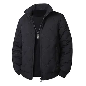Men's Stylish Black Quilted Jacket - Diamond Pattern, Stand Collar, A Winter Trend & Versatile Piece