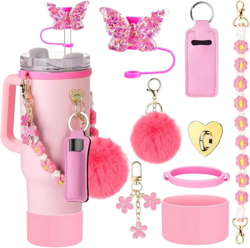Kit Charm Personalizzato Per Stanley Cup 0,4L – Lettera Iniziale, Catena Ispessita, Nappa Viola E Ciondolo Farfalla, Regalo Per Donne - 4