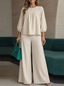 ZANZEA Women's Casual Set, Gathered Lantern Sleeve Round Neck Long Sleeve Top Wide Leg Pants Design, Ideal for Daily Commuting