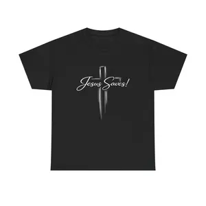 Men's Soft Ribbed Round Neck Short-Sleeve Jesus Saves Cross Graphics T-Shirt, Christian Scripture Faith Top