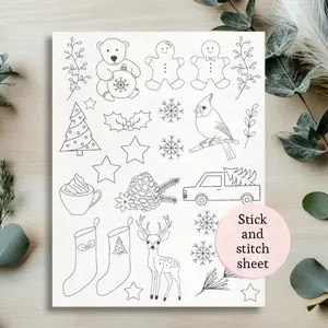 stick and stitch Christmas embroidery patterns, full page flowers,  Christmas tree stencils, gingerbread man pattern