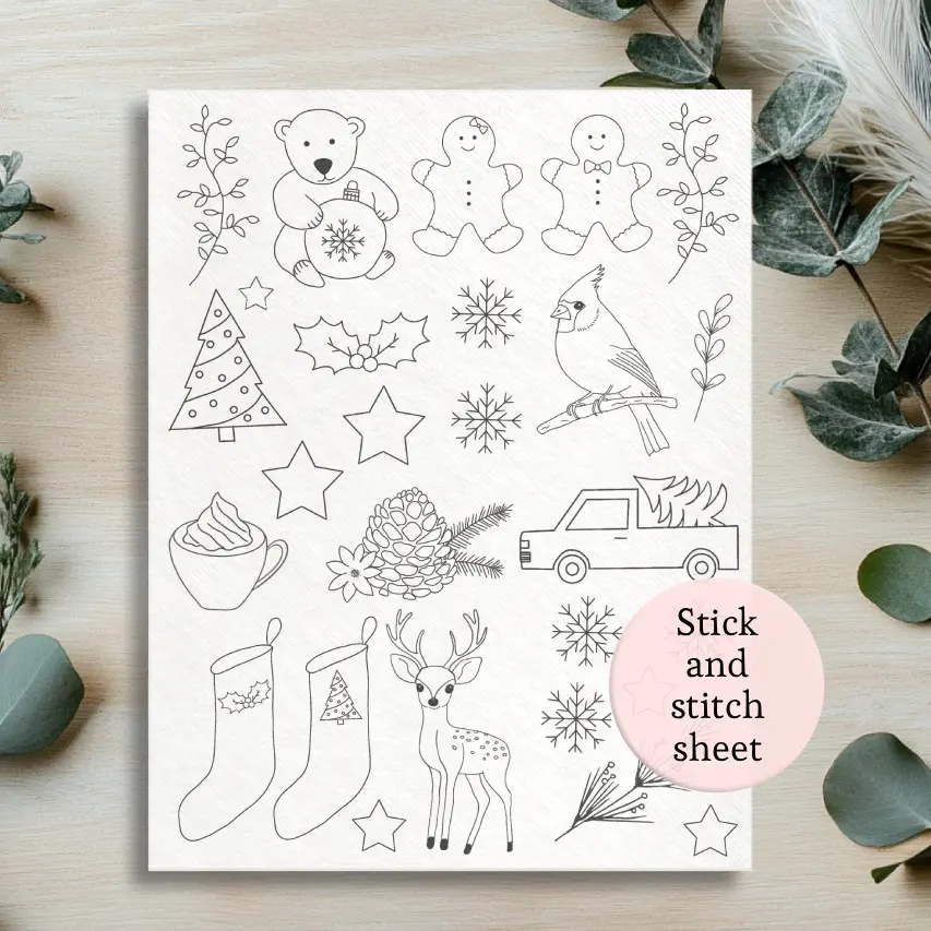 stick and stitch Christmas embroidery patterns, full page flowers,  Christmas tree stencils, gingerbread man pattern