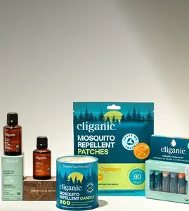 Cliganic Eco-Reset Bundle with Tea Tree & Cedarwood Oils, Rainforest Fresh Lip Balm, Mosquito Repellent Patches & Candle for Self Care