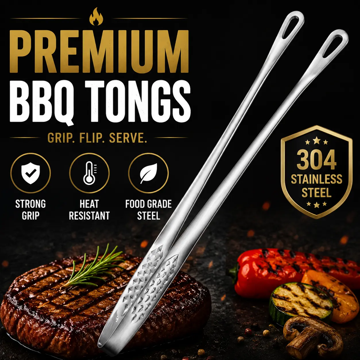 Premium 304 Stainless Steel BBQ Tongs, 10.6 Inch Long Handle Grill Tongs with Anti-Slip Hollow Grip Design, Food Grade Cooking Tongs for Steak, Seafood & Outdoor BBQ