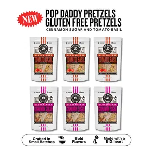 Pop Daddy NEW Gluten Free Pretzels - 6 Pack | Cinnamon Sugar | Tomato Basil | 7.5oz Snack Crunchy Crispy Pop Daddy NEW Gluten Free Pretzels - 6 Pack | Cinnamon Sugar | Tomato Basil | 7.5oz Snack Crunchy Crispy