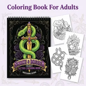 1Pc Snake & Dagger Tattoo Coloring Book for Adults, 8.27×11.42 Inch, Top Spiral Bound, Thick No-Bleed Paper, Clear Hand-Drawn Tattoo Art Designs, Relaxing Stress Relief Activity, Ideal Gift for Tattoo Lovers & Artists