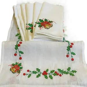 Holly and Bell 74” Embroidered Linen Table Runner with 6 20” Embroidered Linen Napkins and Free Sideboard Runner for Festive Dining
