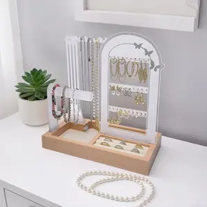 Clear Butterfly Acrylic Jewelry Organizer Stand with Wood Base, Earring Necklace Bracelet Holder and Ring Tray