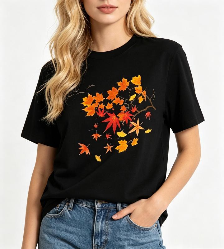 Women's Pure Cotton Crew Neck T-Shirt - Boho Cute, Breathable, Black, Autumn Falling Maple Ginkgo Leaves Tree Branch Bird Graphic Short Sleeve Casual Tee #sohochic