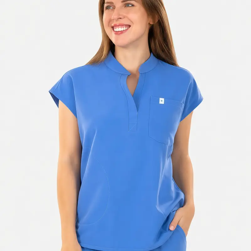 EADFLIE Women's Scrub Shirt, Soft Stretch Fabric Fitted Minimalist Short Sleeve Nurse Uniform Top with 4 Practical Large Pockets, Regular Fit, Navy Blue Scrubs for Women Workwear