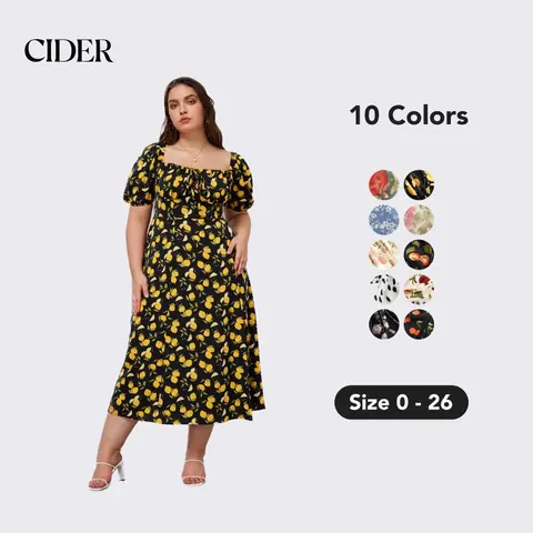 Cider Women's Casual All-Over Print Lemon Floral Polyester Woven Midi Dress - Shirred Bodice, Front Knot Detail, Thigh-High Side Split, Multicolor, Sizes L-8, 2XL-20/22, Midi Leg Length, Easy Pick for Casual Days, Easy Choice for Brunch and Errands
