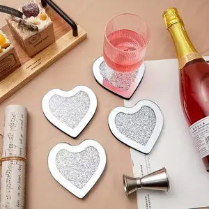 Crushed Diamond Crystal Glass Mirrored Heart Love Coasters Set of 4 Glittering Bling Silver TRENDZY  Drink Wine Coasters for Home Kitchen Bar & Restaurant Home Decor Birthday Wedding (Heart)