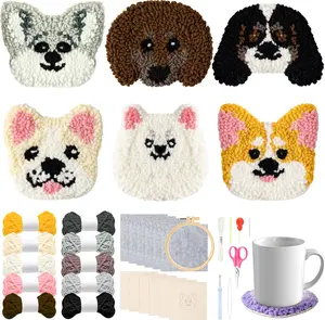 Craft Punch Needle Coaster Kit, 22Pcs Easy Art Work Decor Craft Supply for Beginners, DIY Set of 6 Puppy Head Pattern Tufted Rug Pads with Adhesive Felt Yarns Embroidery Hoop Tools Instruction