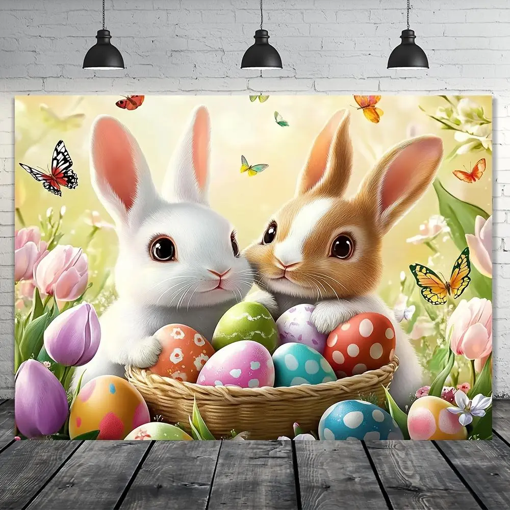 1PC Polyester 2D Flat Easter Theme Backdrop - Cute Rabbit, Tulip & Butterfly Scene, Festive Party Decoration, Photo Booth Banner, Children's Birthday Photography Background Cloth