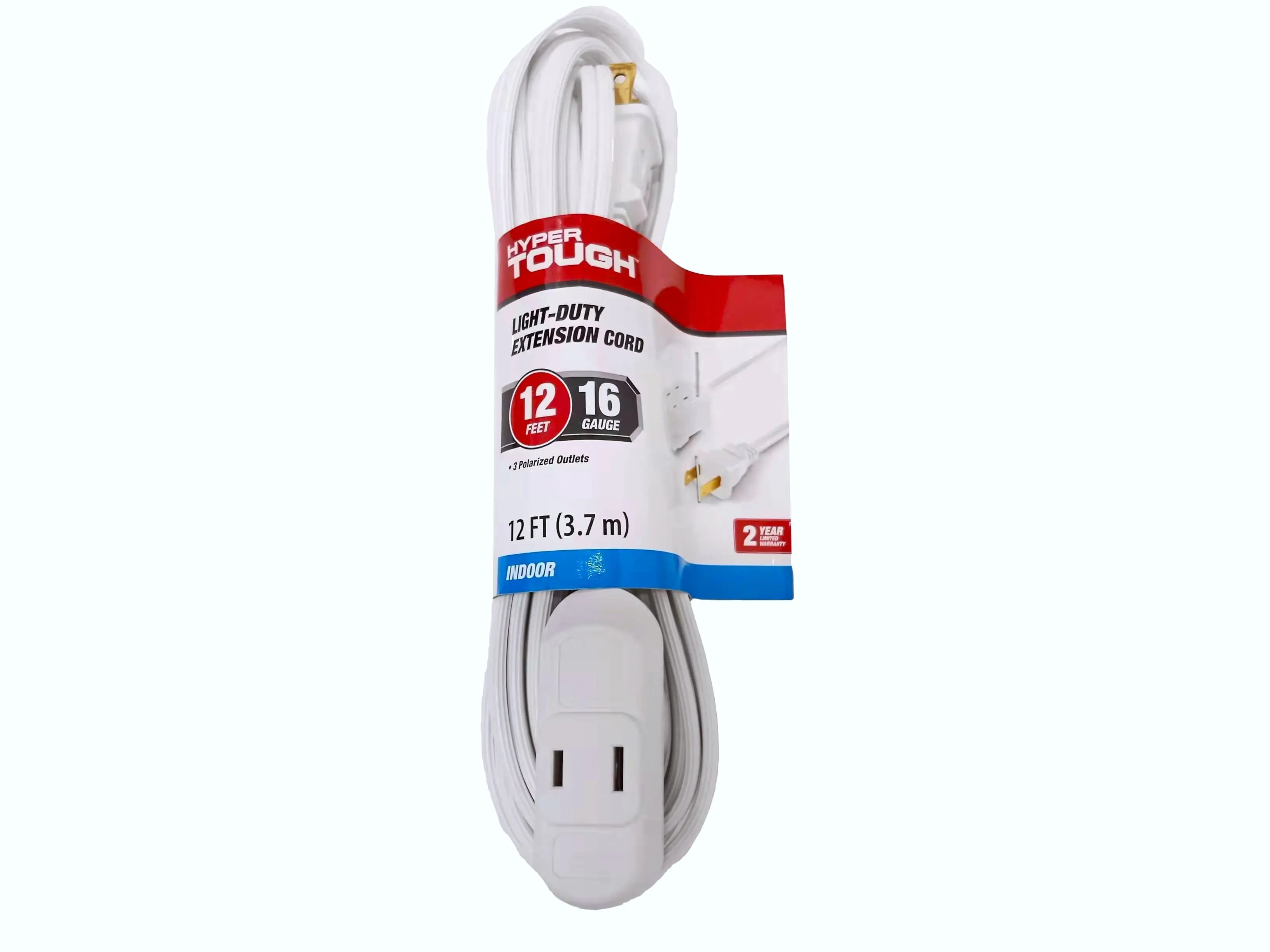 Hyper Tough 12FT 16AWG 2-Prong White Indoor Extension Cord, 125V, 13A
