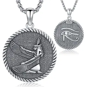 DRINSPER S925 Maat Necklace & Eye of Horus 925 Sterling Silver Pendant Goddess of Order Egyptian Mythology Pagan Jewelry
