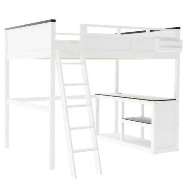 Bellemave Queen Size Loft Bed Frame with Desk&Shelves, Storage Box, USB Charging Station, Wood+MDF Construction, White Indoor Furniture