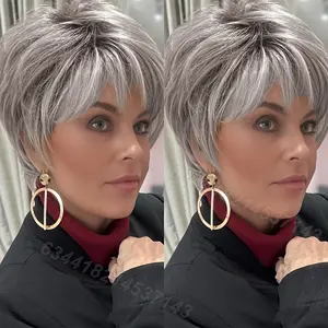 6 Inch Straight Layered Short Wig, Premium Brazilian Remy Human Hair, 150% Density Natural Gray Tone, Glueless Rose Net Cap Design, Stable Secure Wear, Elegant Sophisticated Layered Hairstyle
