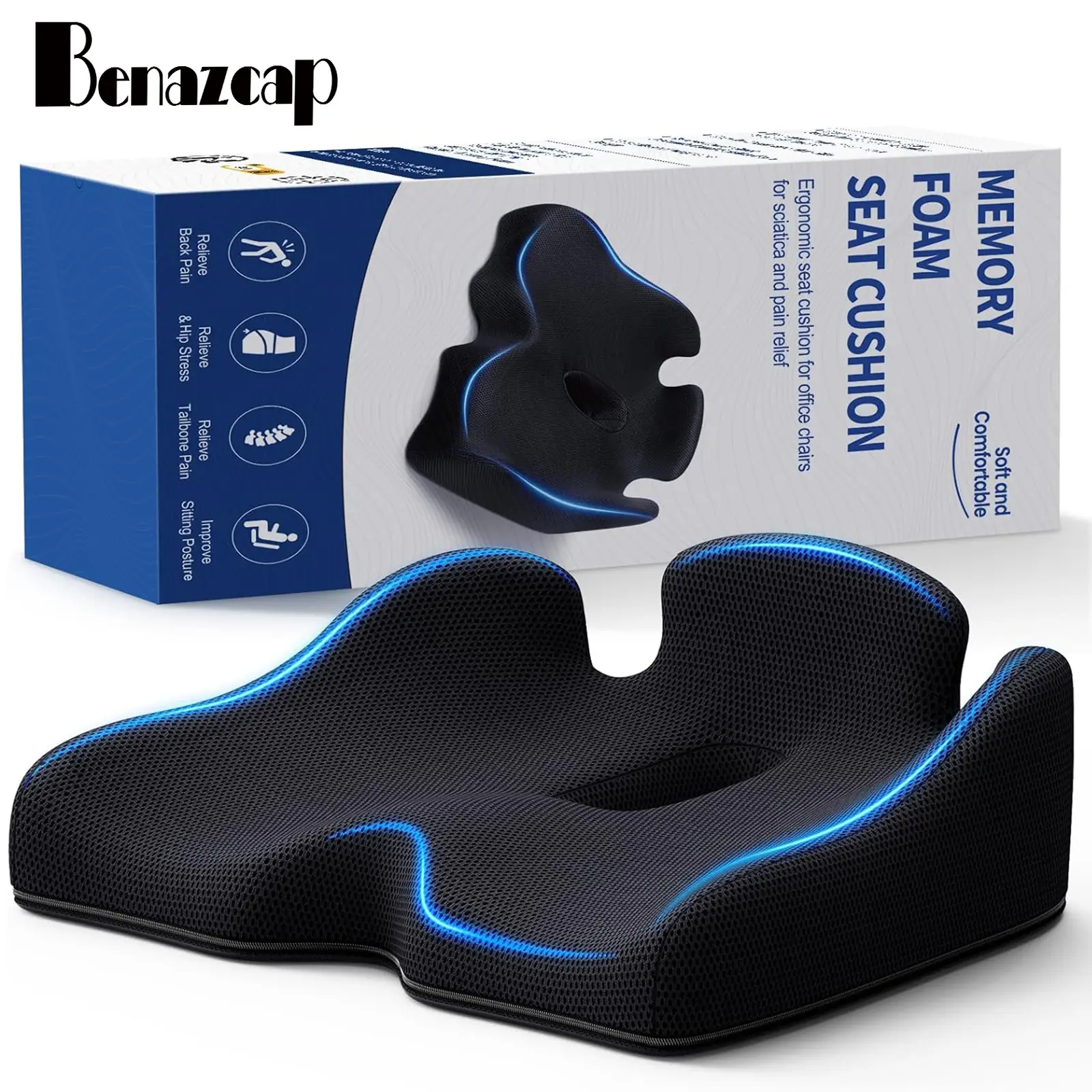 Benazcap Ergonomic Memory Foam Seat Cushion - Non-Slip & Pressure Relief for Sciatica & Tailbone Pain-Firm Coccyx Pad for Long Sitting,Posture Chair-A