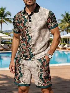 Men's Vacation Style Tropical Paisley Pattern Polo Shirt + Shorts Set, Casual Graphic Design, Breathable and Comfortable, Perfect for Beach Parties
