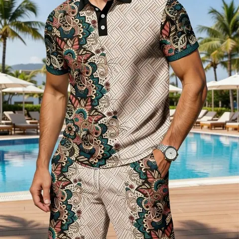Men's Vacation Style Tropical Paisley Pattern Slim Fit Polo Shirt + Shorts Set, Casual Clothing Set, Casual Graphic Design, Breathable and Comfortable, Perfect for Beach Parties