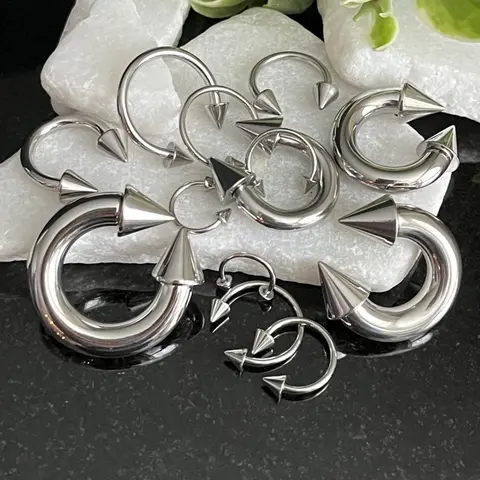 1 Piece Surgical Steel Circular Horseshoe Barbell with Spikes Ring - 18G thru 2g with Assorted Internal Diameter and Spike Size!!