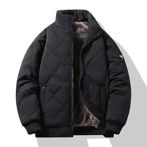 Men's Casual Black Quilted Fleece Jacket - Sherpa Lining, Stand Collar, Zipper Pockets, Trendy Winter Coat