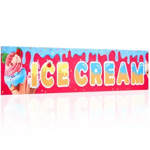 Ice Cream Banner: A colorful ice cream sign featuring waffle cones and dripping designs, with metal grommets. Perfect for ice cream shops, food trucks, summer parties, and carnivals. Weather-resistant and easy to hang.