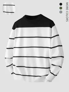 Men's Striped Print Knit Round Neck Sweater, Casual Fall & Winter Fashion, Comfortable Daily Wear, Stylish Color Block Design