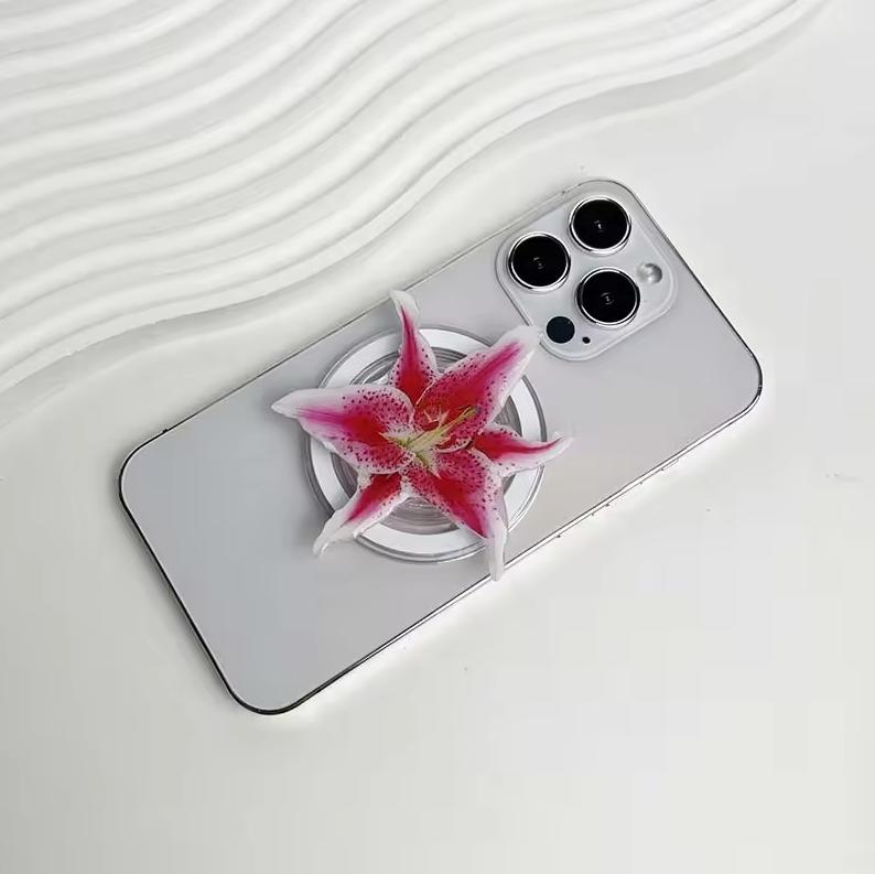 Pink Lily and Crimson Orchid Magsafe Phone Grip, Sweet Pink Lily Magsafe Phone Socket, Realistic 3D Floral Magnetic Stand, Elegant Gift for Flower Lovers