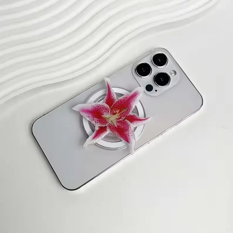Pink Lily and Crimson Orchid Magsafe Phone Grip, Sweet Pink Lily Magsafe Phone Socket, Realistic 3D Floral Magnetic Stand, Elegant Gift for Flower Lovers