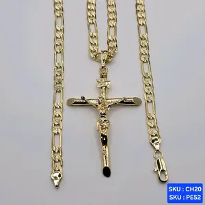 Christ on the Cross Large Pendant Necklace Select Chain Figaro, Cuban, Mariner Link  24 Inches 6mm Wide Plated Gold Plain Color Religious  Oro Laminado Laminated Gold Elegant Design SKU : PE52